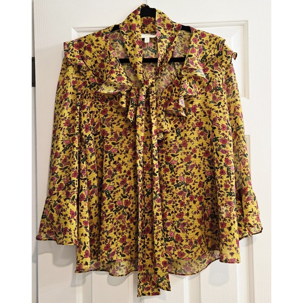 Divine Heritage Yellow Gypsy Rose Floral Ruffle Tie Neck Blouse Chiffon Large